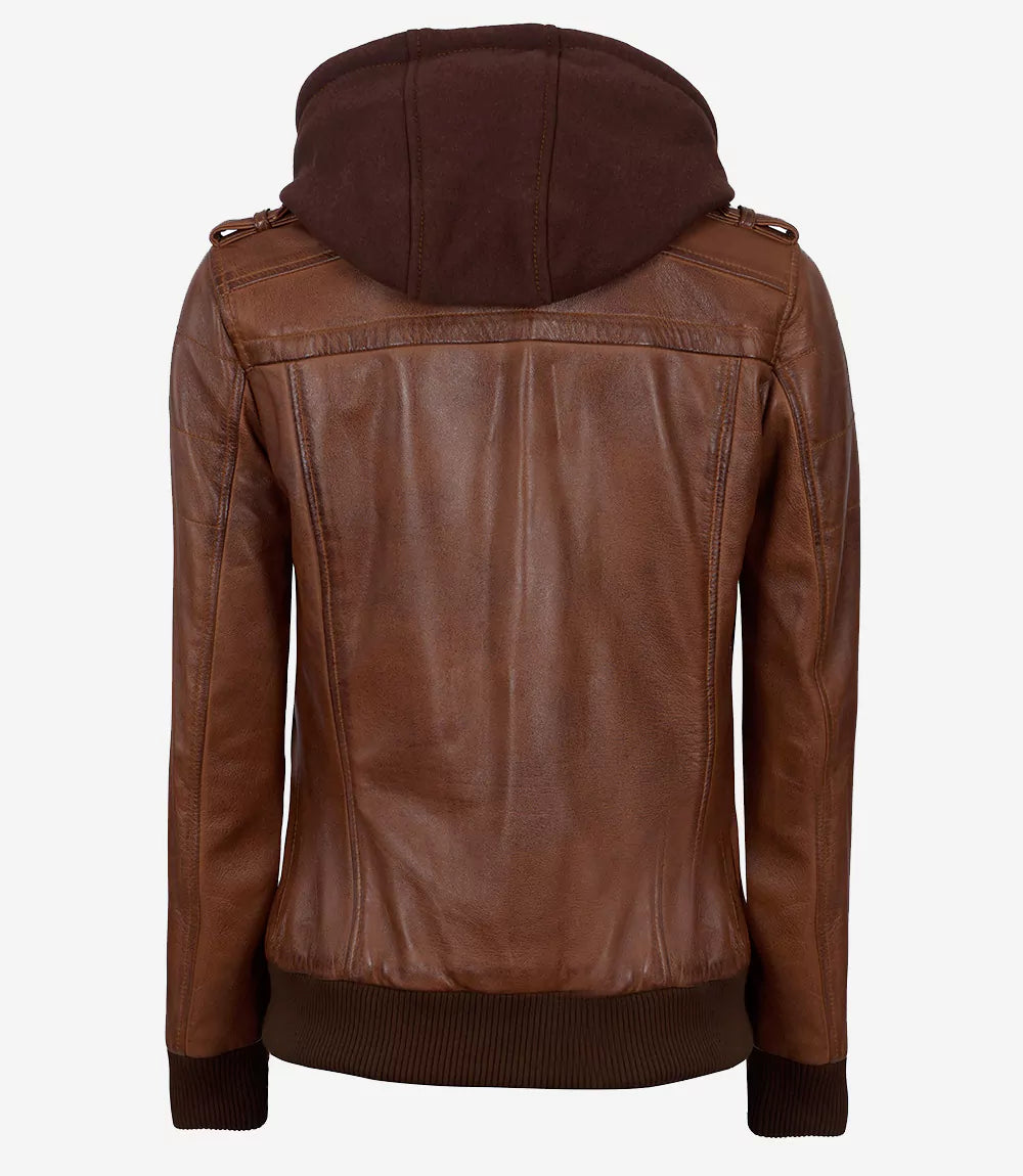 Women's Bomber Cognac Brown Leather Jacket with Removable Hood