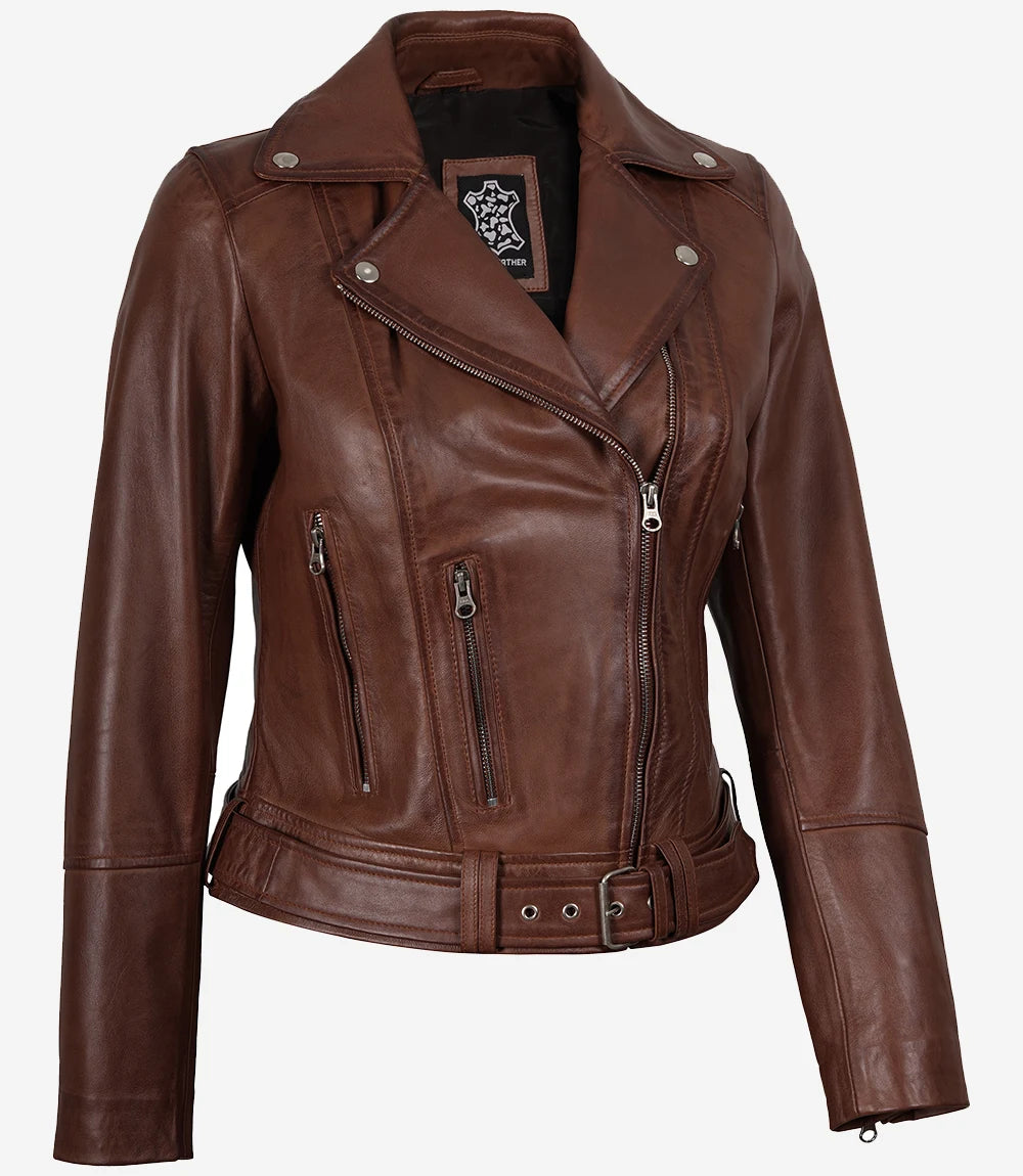 Women's Cognac Brown Leather Biker Jacket