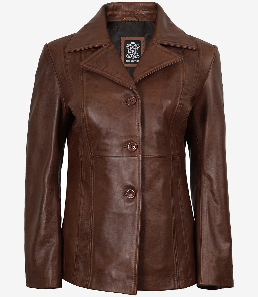 Women Cognac Brown Wax Three Button Leather Blazer