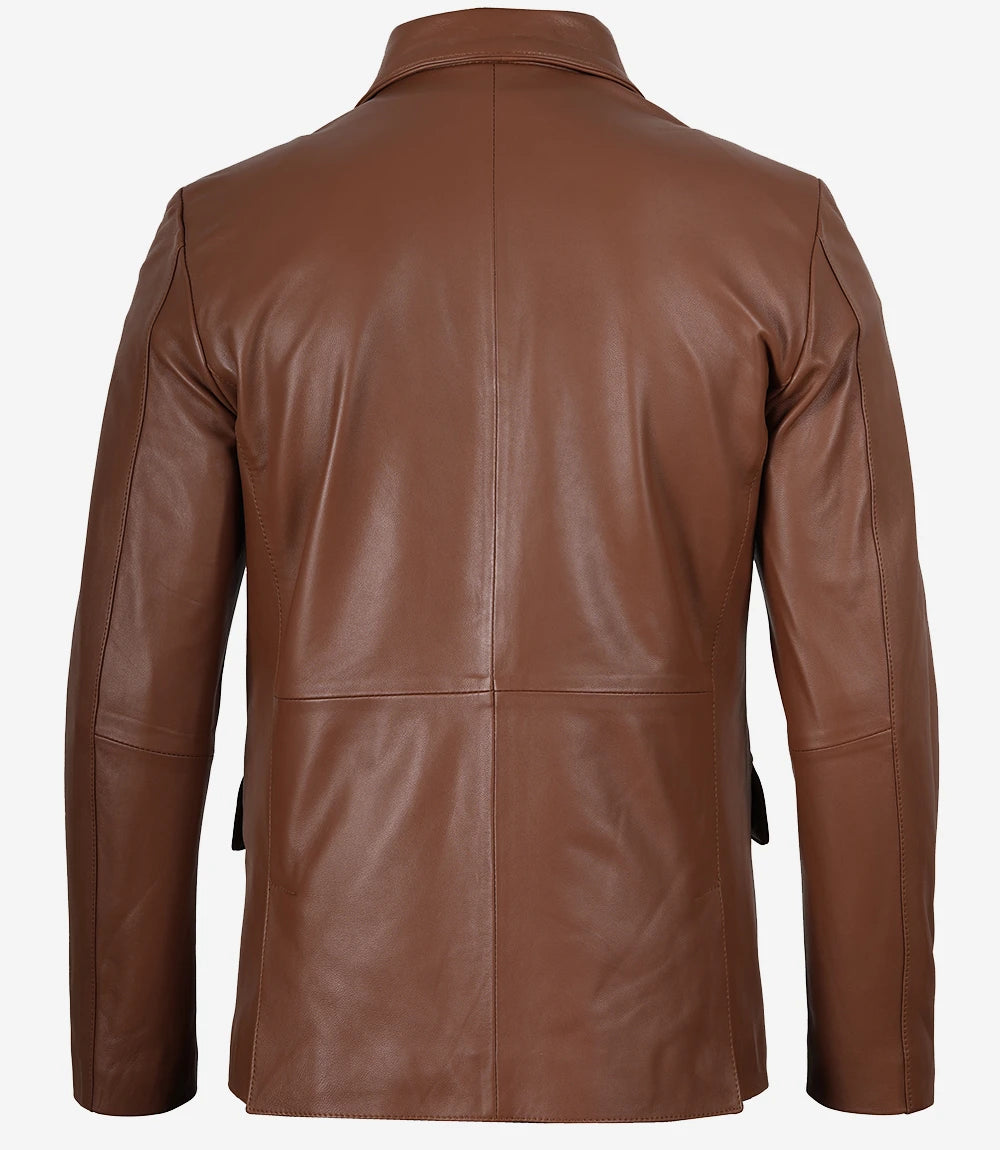 Men's Two Button Cognac Brown Leather Blazer Jacket