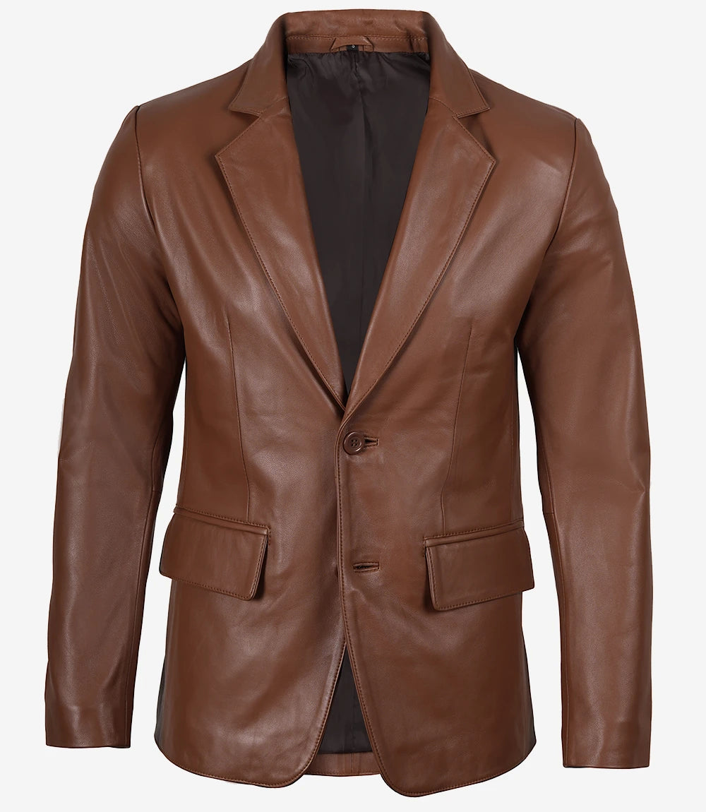 Men's Two Button Cognac Brown Leather Blazer Jacket