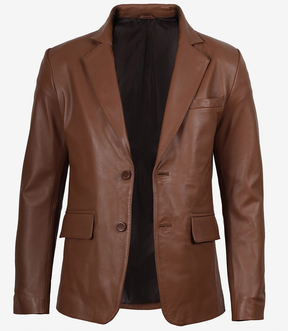Men's Cognac Brown Leather Blazer Jacket