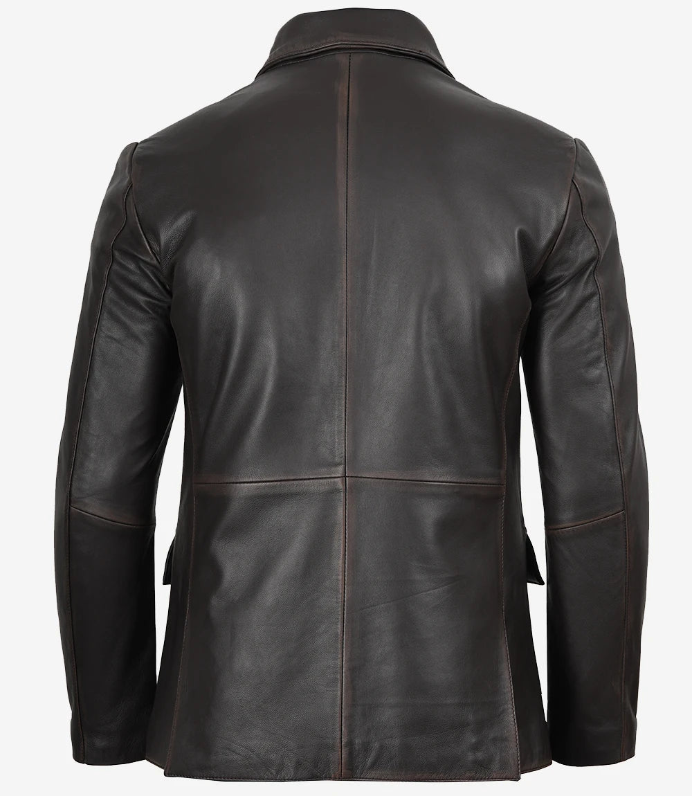 Men's 2 Buttons Dark Brown Rub Off Leather Blazer