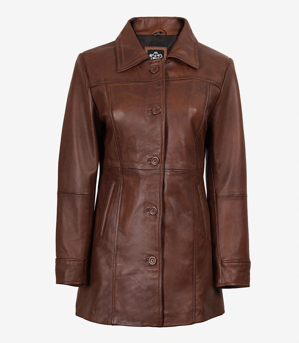 Women's Cognac Brown Leather Car Coat