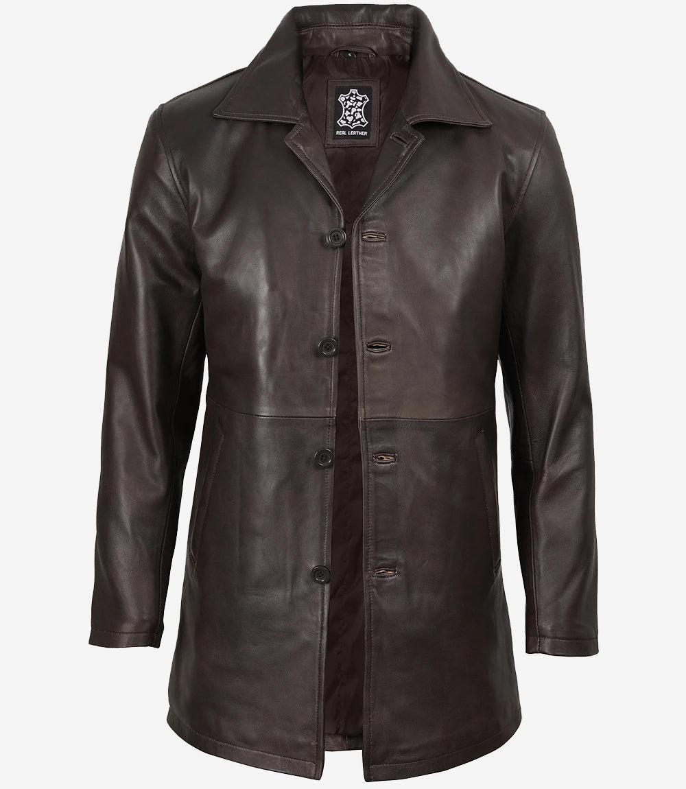 Men's Dark Brown Vintage Real Leather Car Coat