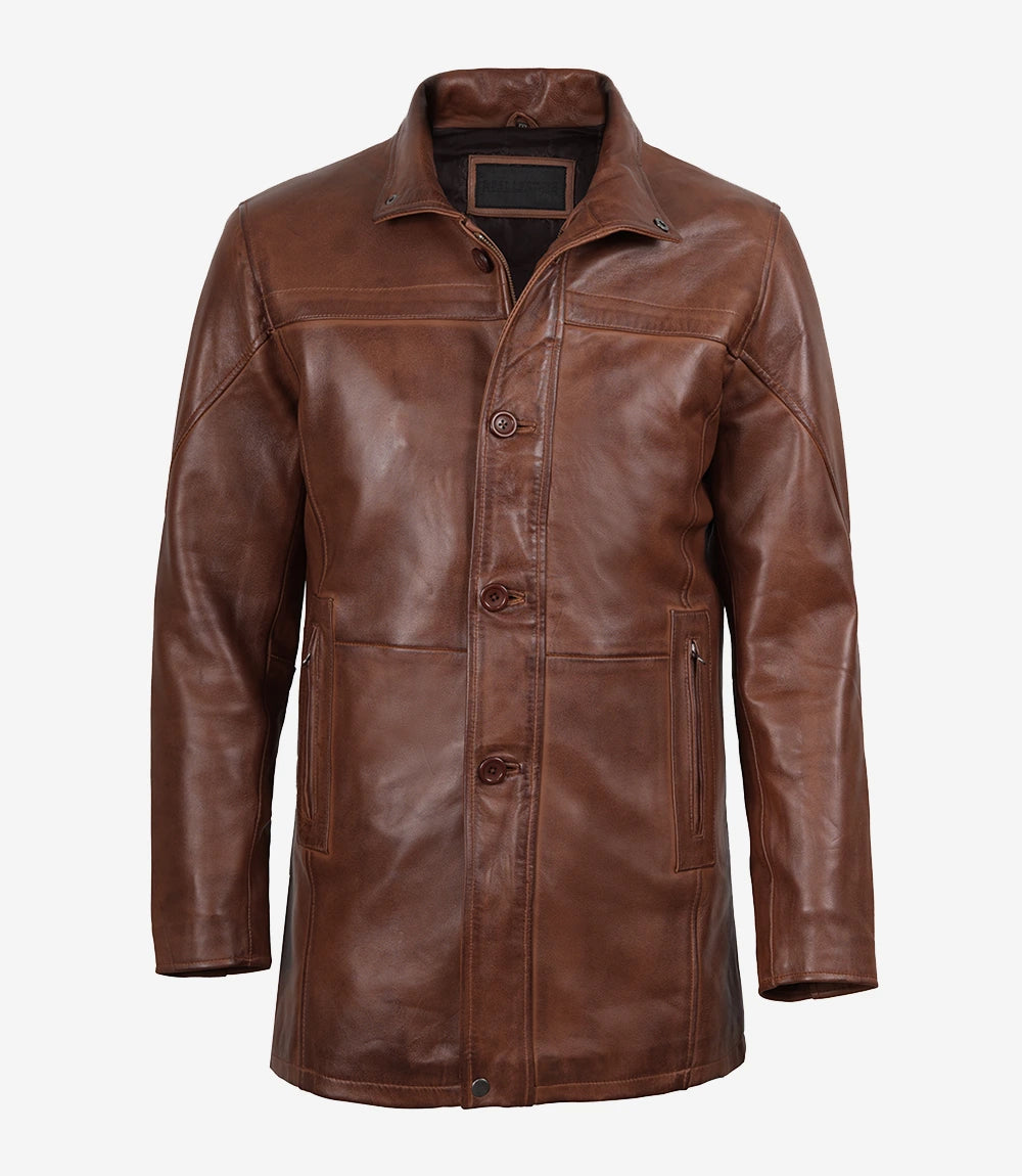 Men's Vintage Cognac Leather Car Coat
