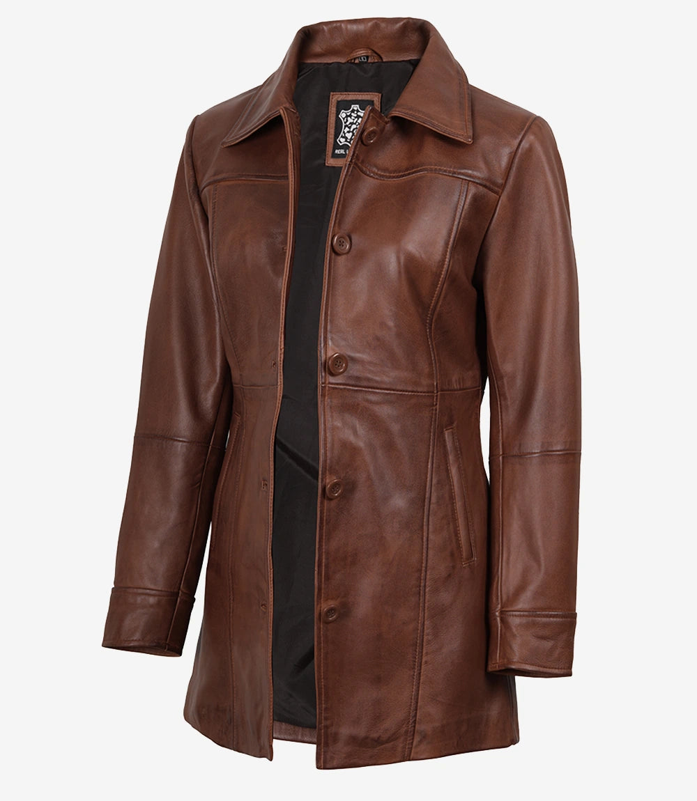 Women's Cognac Brown Leather Car Coat