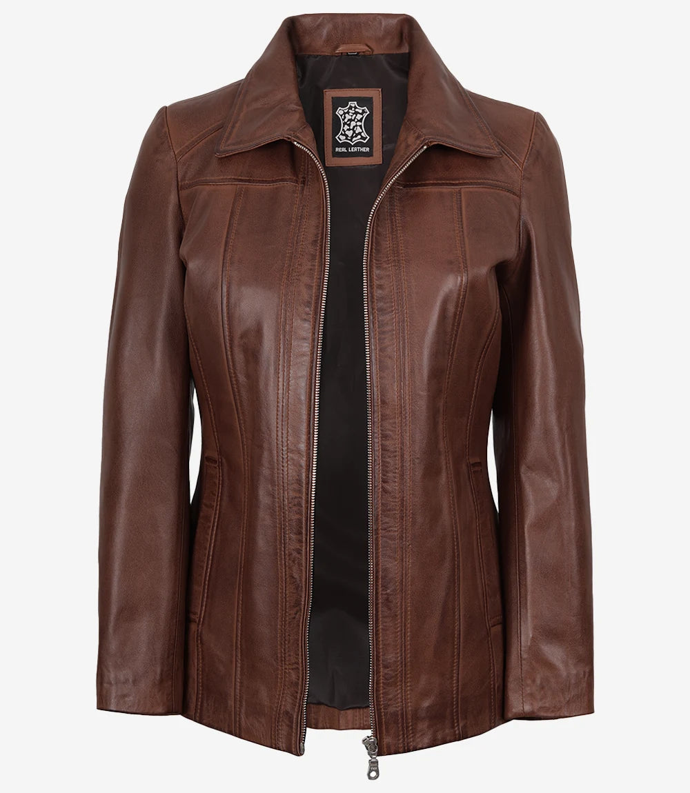 Marsha Women's Cognac Brown Leather Car Coat