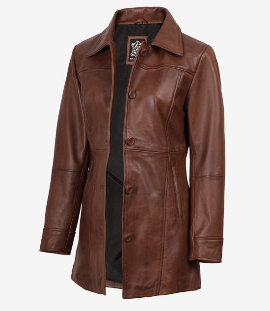Women's Cognac Brown Leather Car Coat