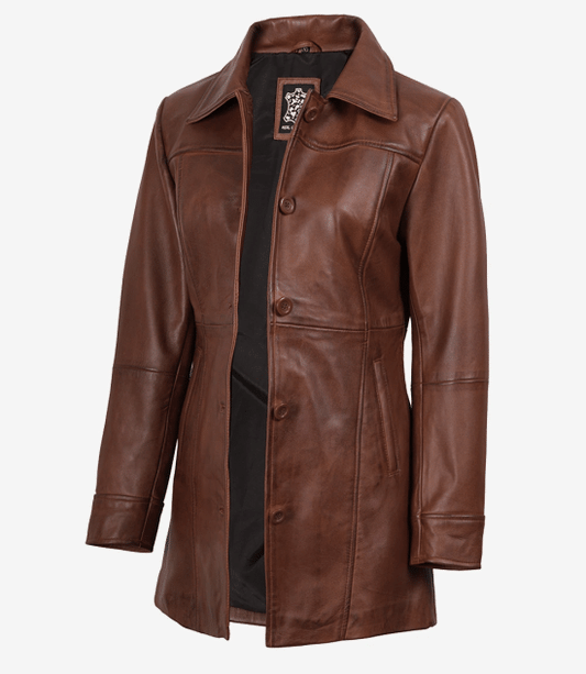 Women's Cognac Brown Leather Car Coat