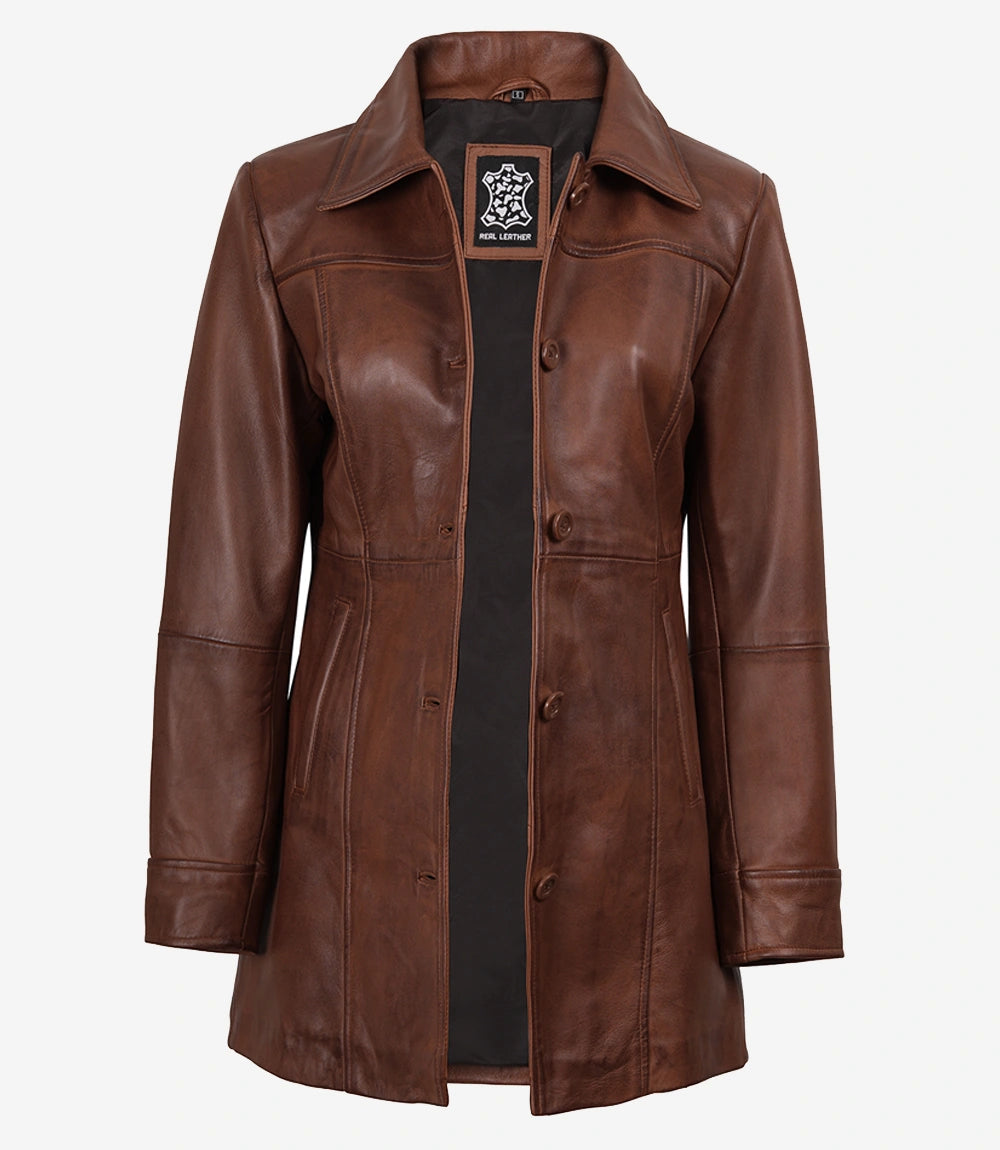 Women's Cognac Brown Leather Car Coat