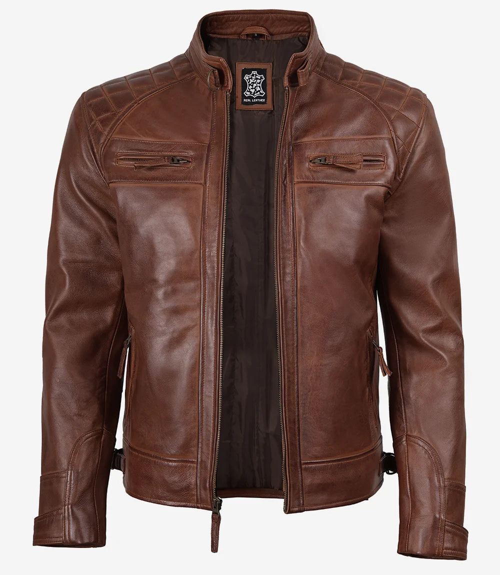 Men’s Cognac Brown Quilted Leather Biker Jacket | Wax Finish