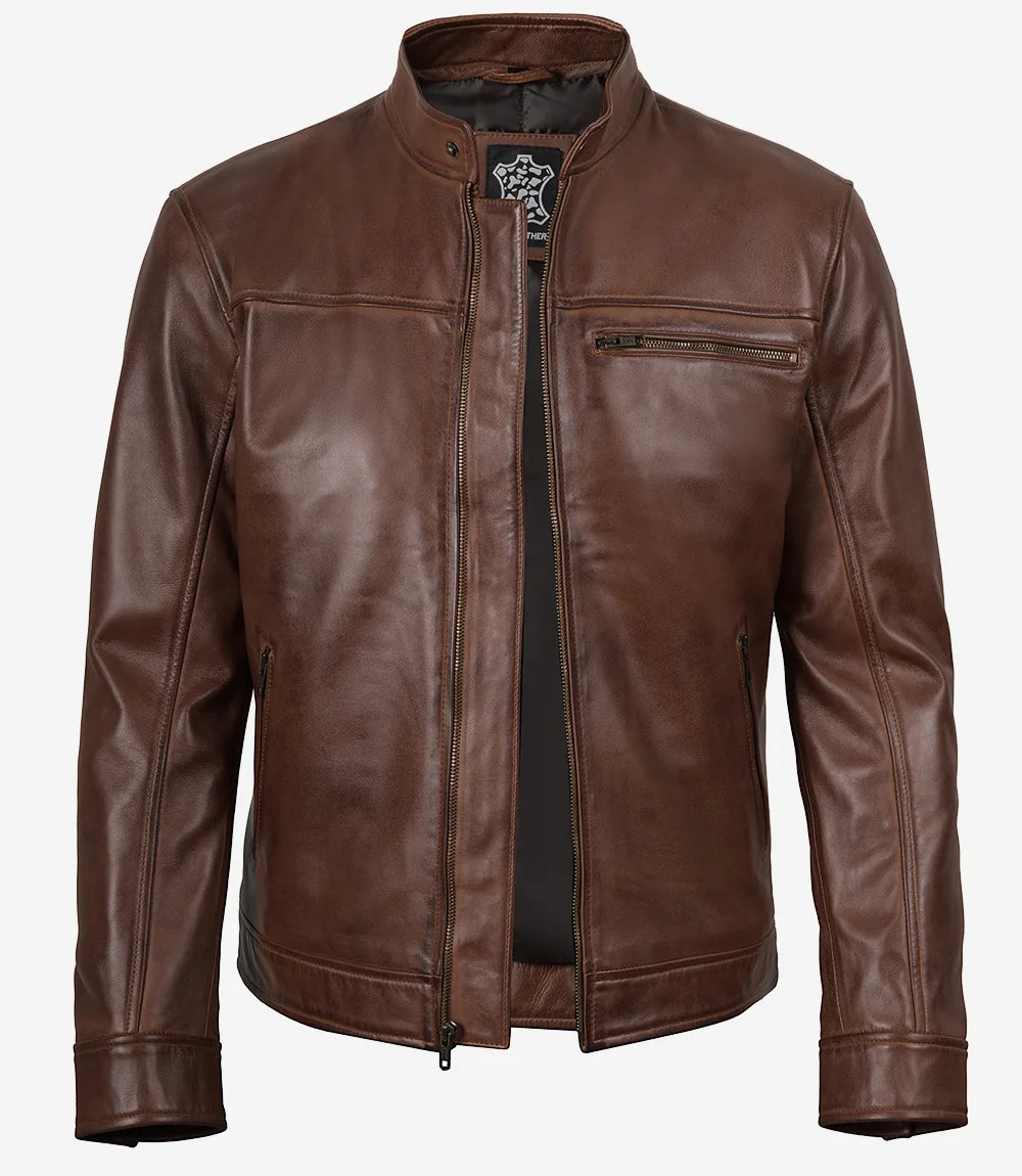 Arya Men's Cognac Brown Real Leather Biker Jacket