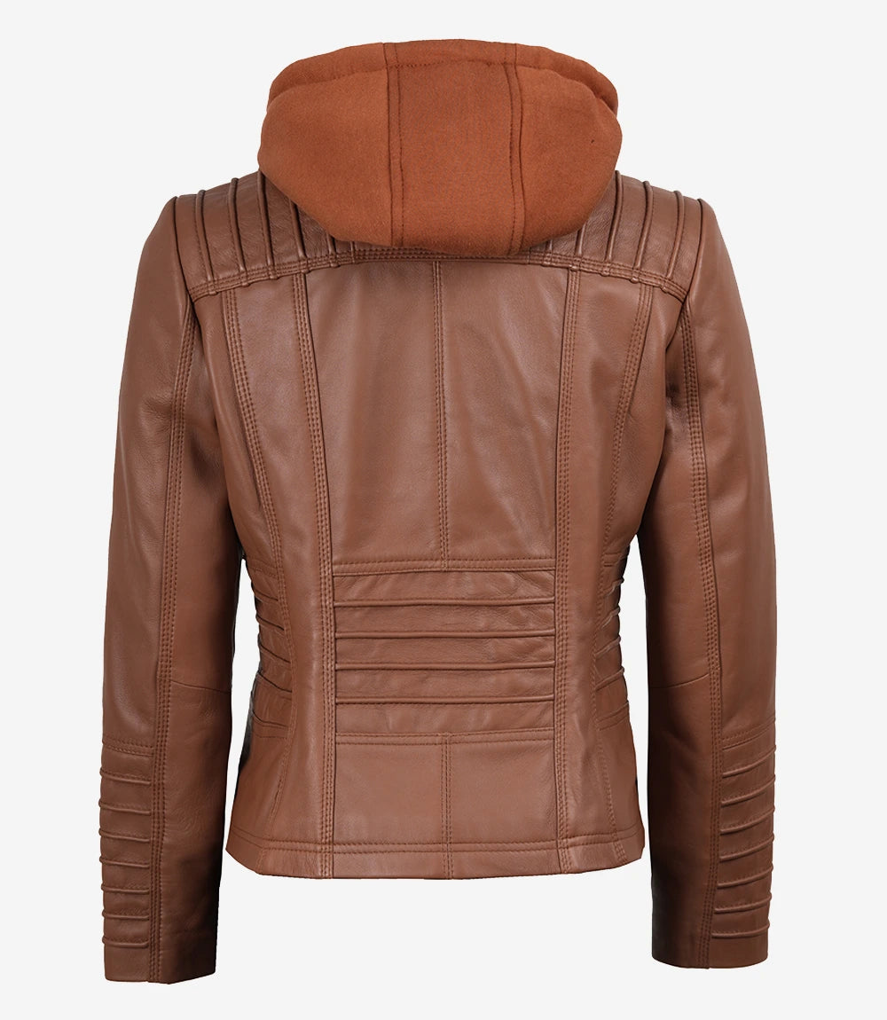 Women's Cognac Brown Leather Jacket With Removable Hood
