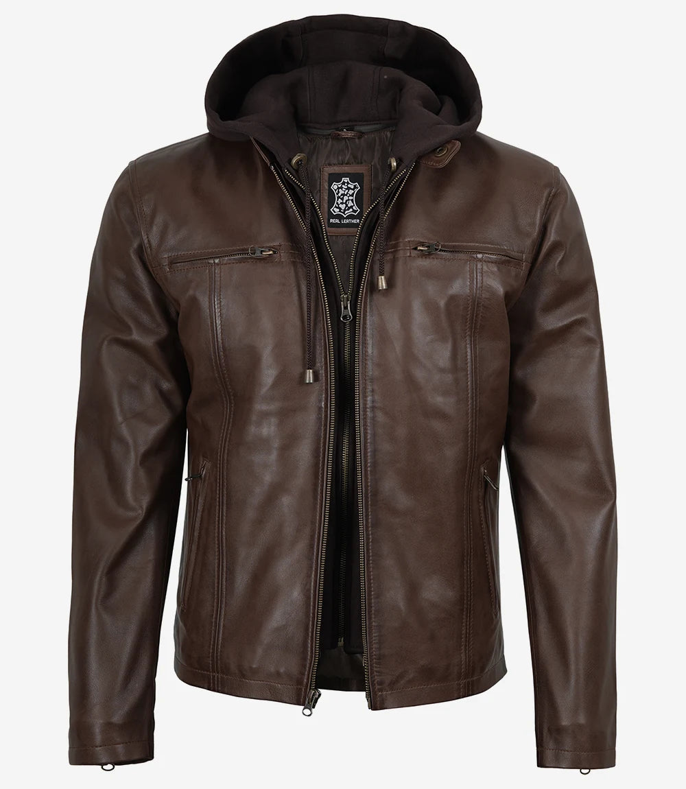 Men's Dark Brown Lambskin Leather Jacket with Removable Hood