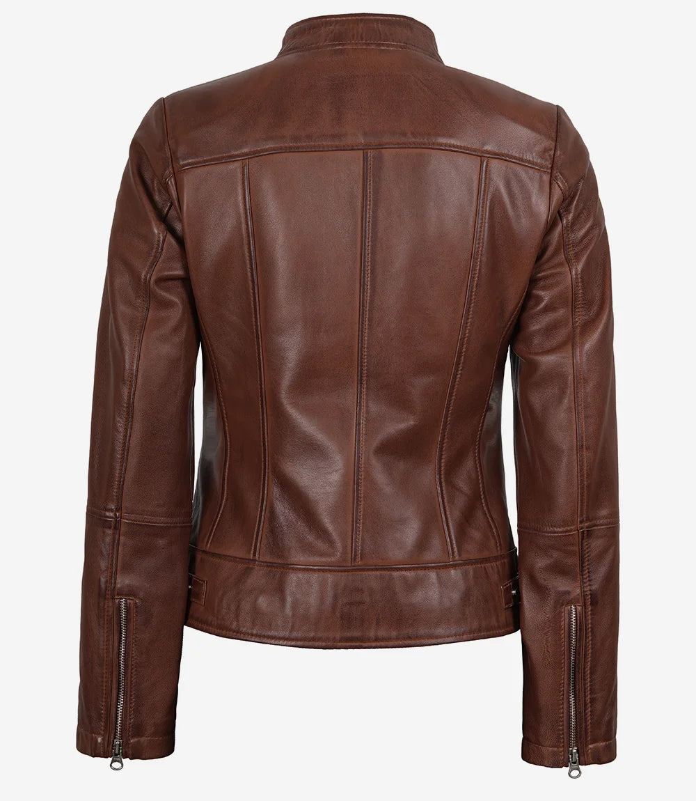 Women's Vintage Cafe Racer Cognac Brown Leather Jacket