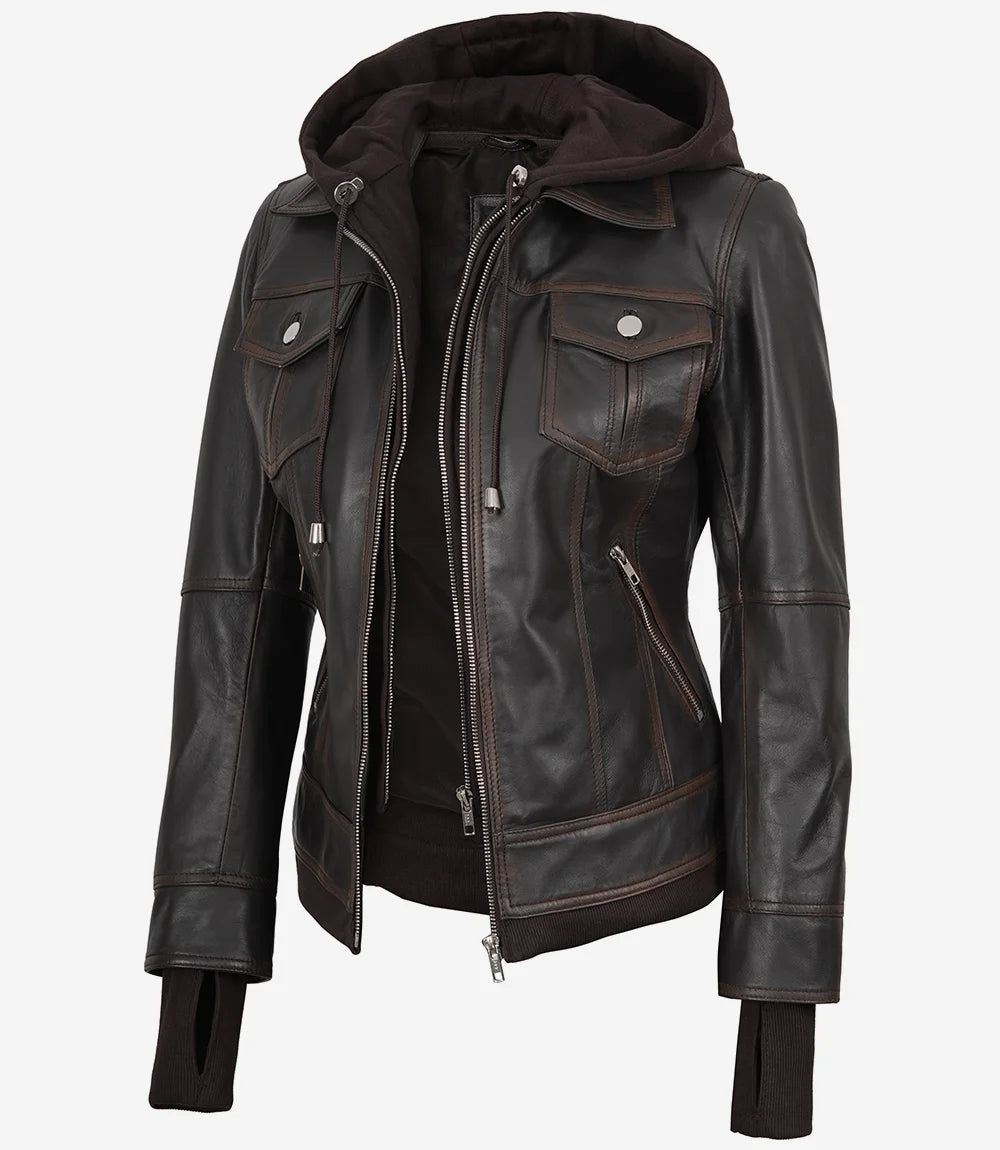 Dark Brown Womens Leather Jacket With Hood