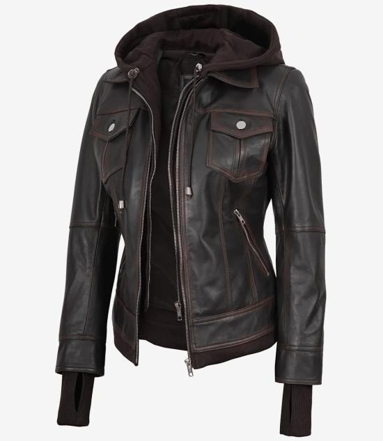 Tralee Dark Brown Womens Leather Jacket With Hood