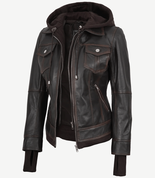 Tralee Dark Brown Womens Leather Jacket With Hood