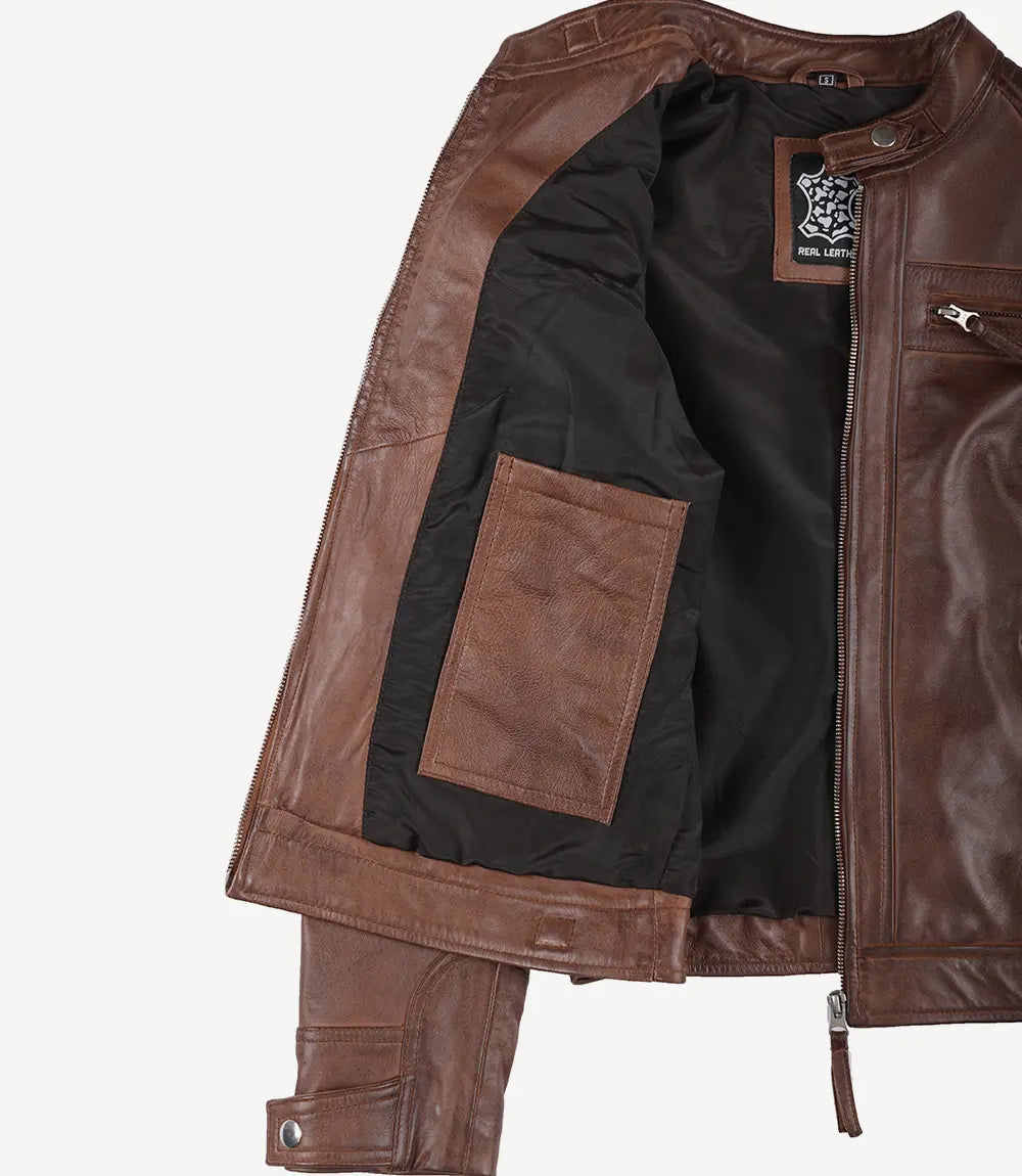 Women Cognac Quilted Cafe Racer Leather Jacket