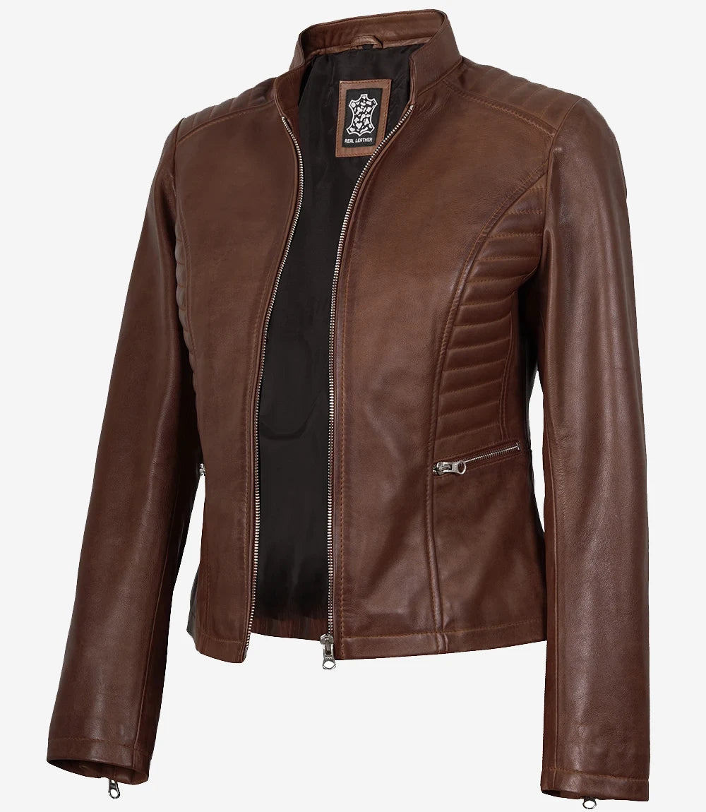 Women's Cafe Racer Cognac Brown Leather Jacket