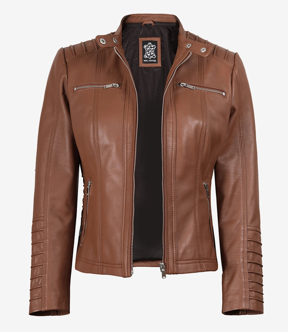 Women's Cognac Brown Leather Jacket With Removable Hood