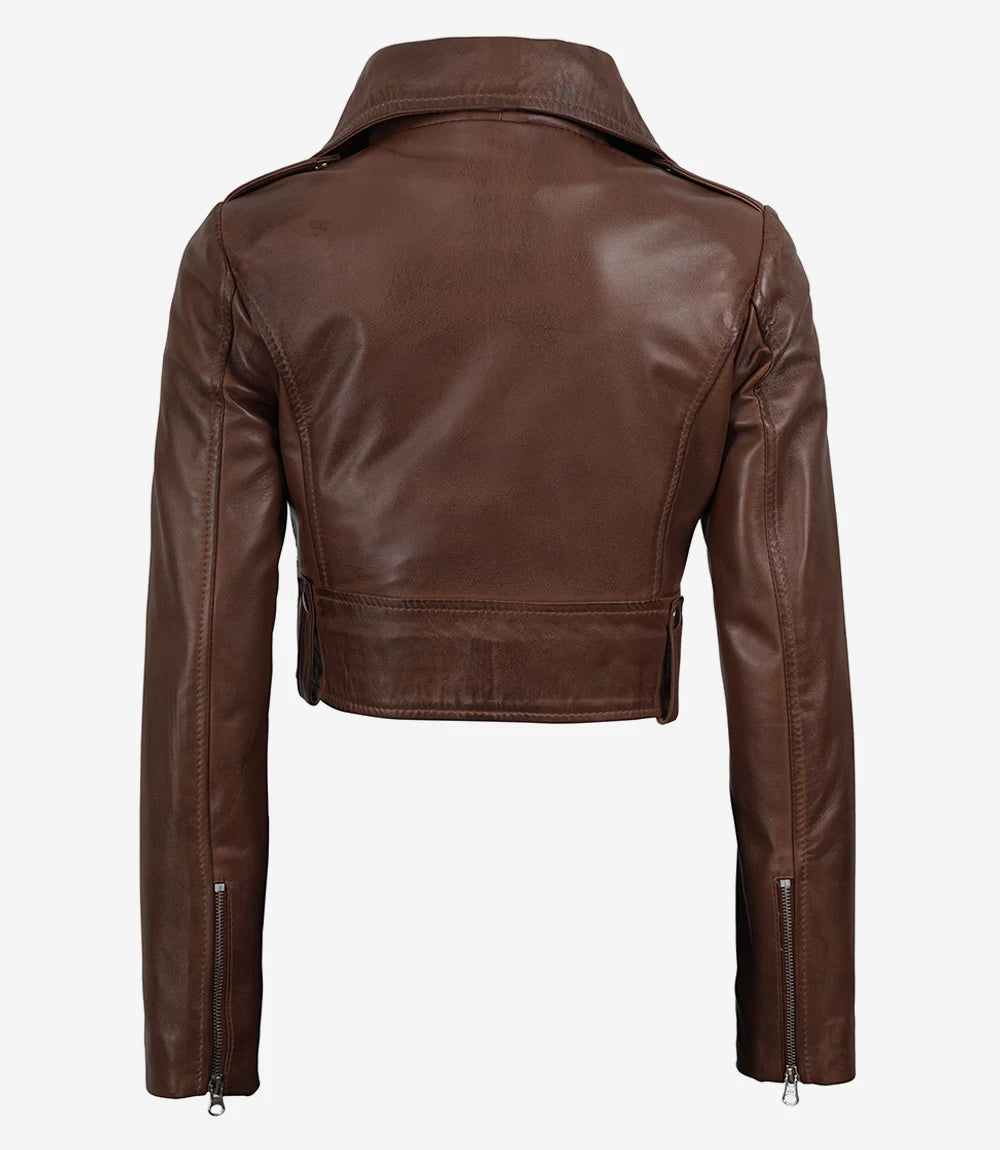Women's Cropped Cognac Wax Moto Leather Jacket