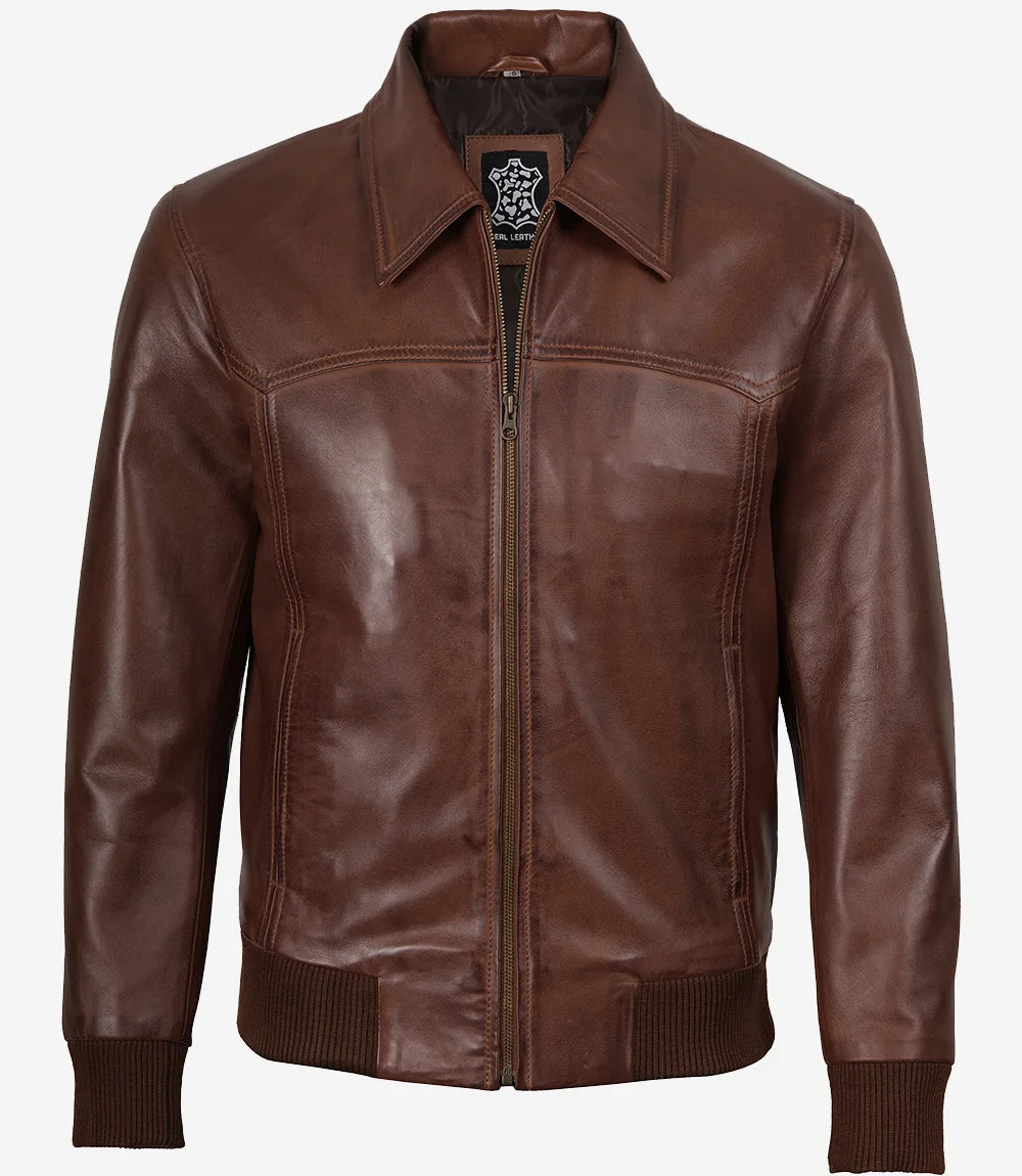 Men's Cognac Brown Wax Leather Bomber Jacket