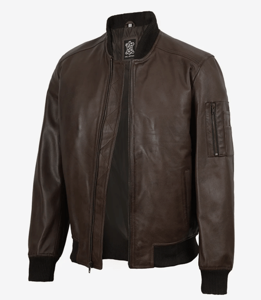 Men's Dark Brown Lambskin Leather Flight Jacket - Bomber Style