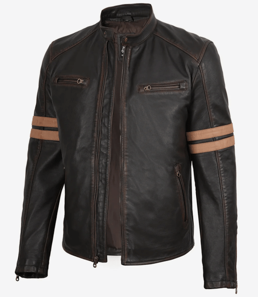 Men's Dark Brown Vintage Leather Biker Jacket with Racing Stripes