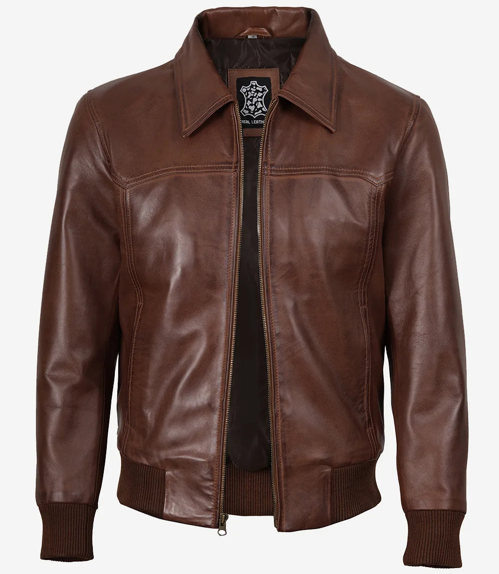 Men's Cognac Brown Wax Leather Bomber Jacket