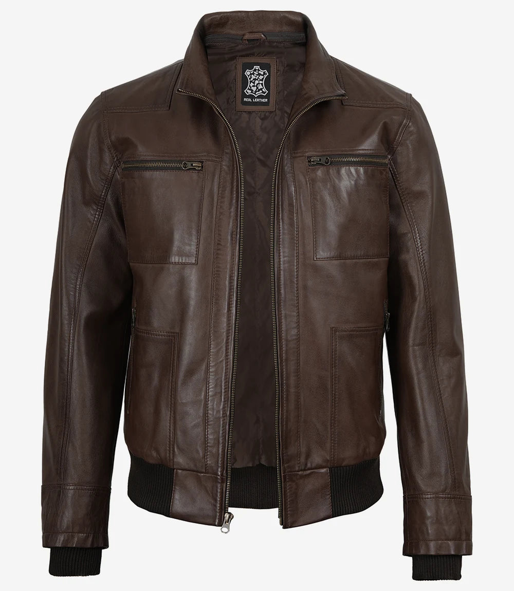 Men's Dark Brown Bomber Real Leather Jacket With Removable Hood