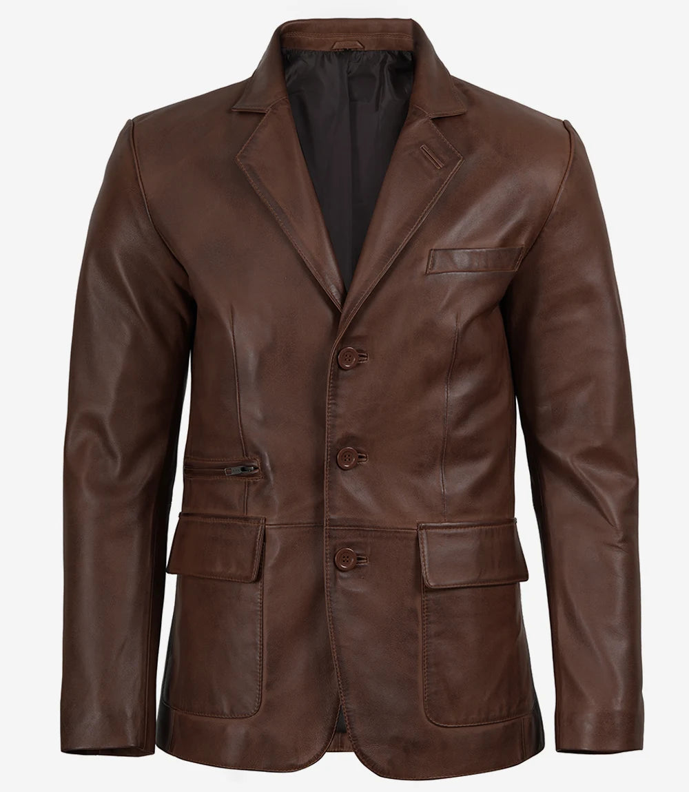 Arya Men's Cognac Three Button Leather Blazer