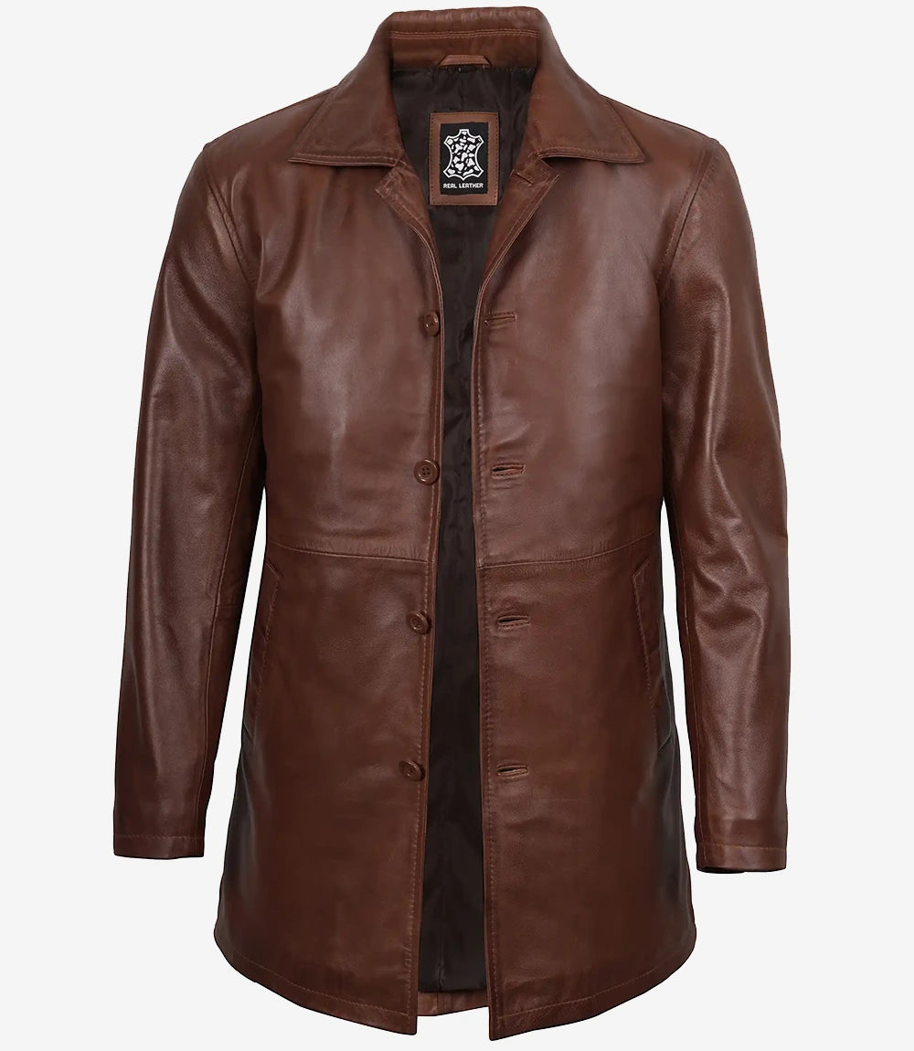 Men's Cognac Wax 3/4 Length Leather Car Coat