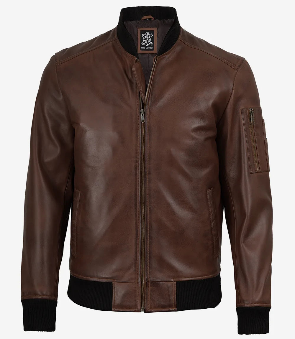 Men's Cognac Brown Leather Flight Jacket - Lambskin Bomber Style