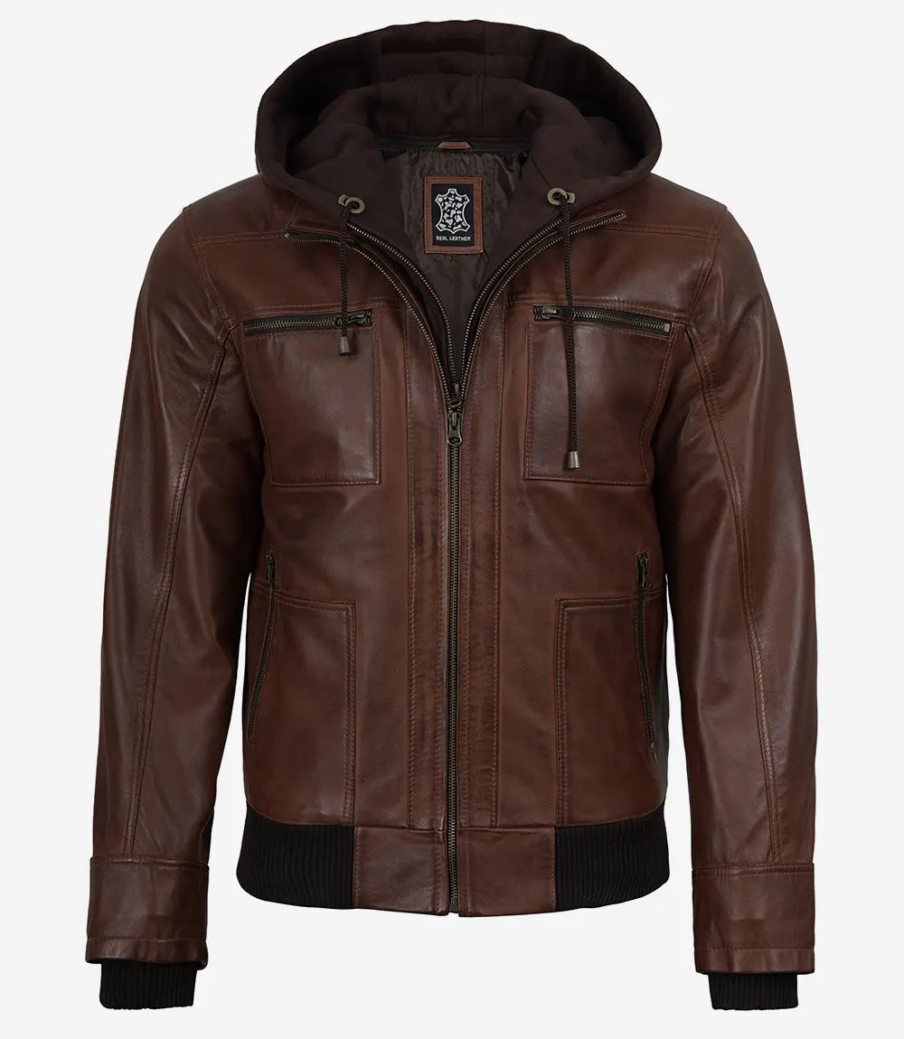 Men's Cognac Lambskin Waxed Leather Jacket — Detachable Hood