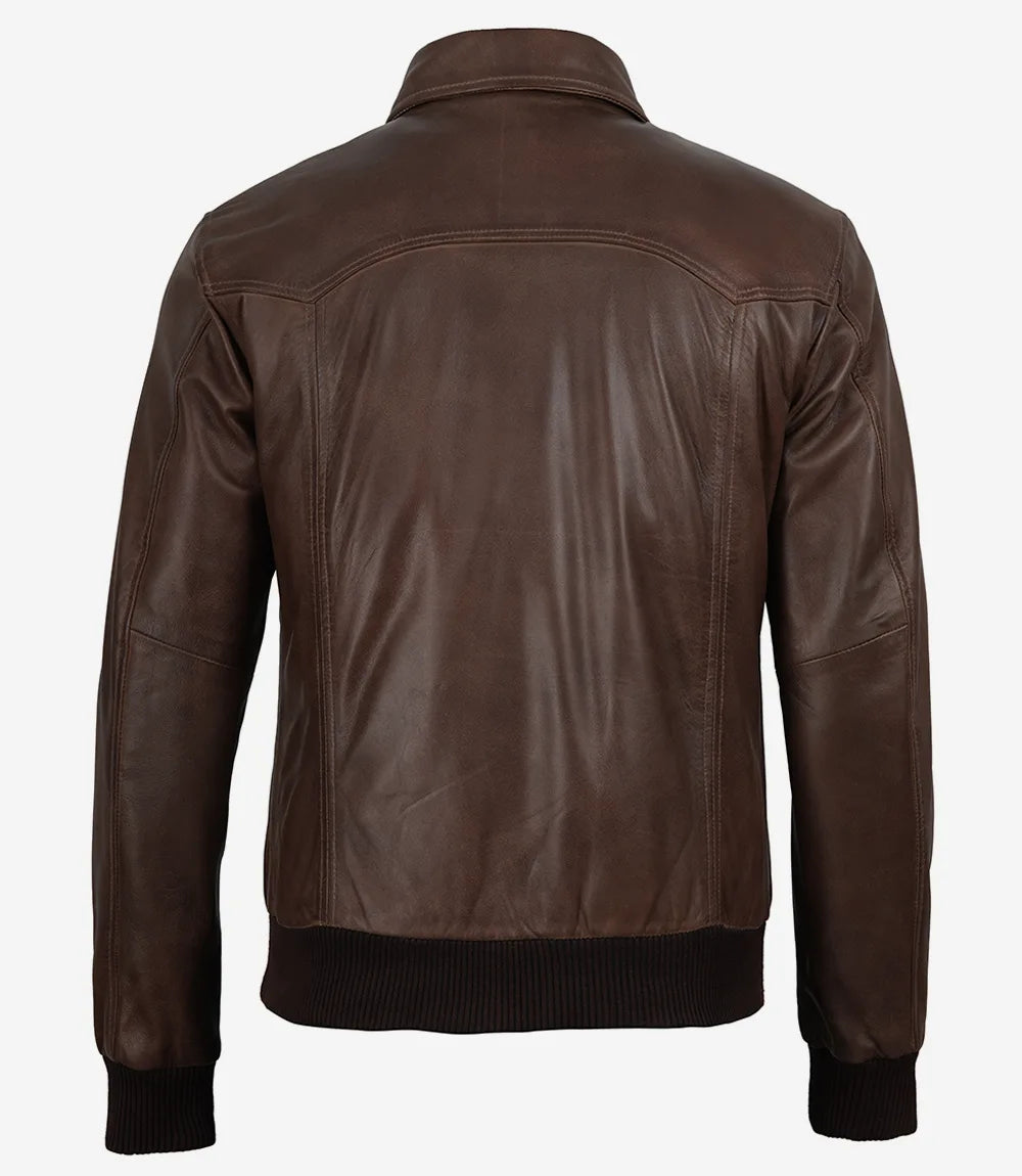 Men's Dark Brown Bomber Real Leather Jacket - Harrington Style