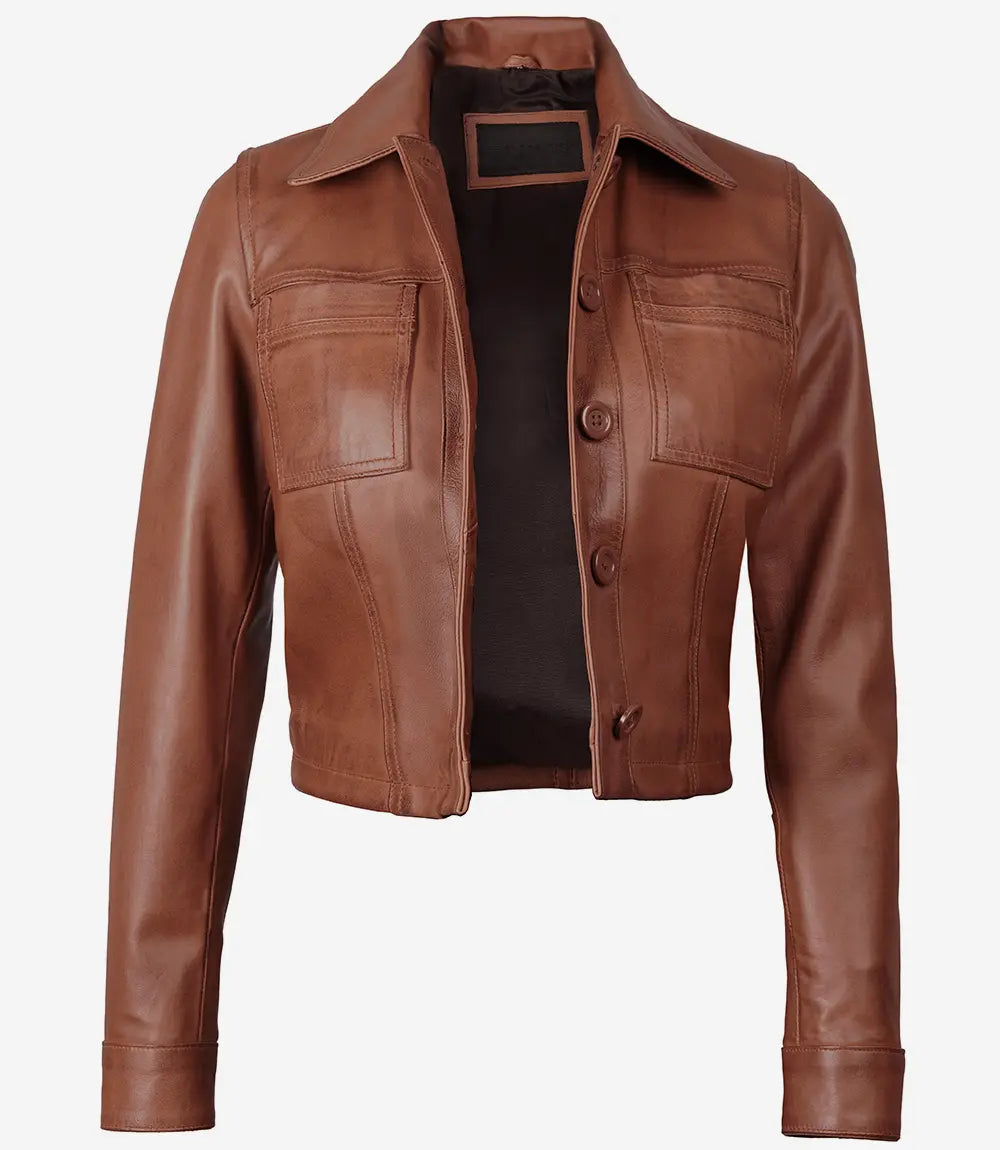 Women's Cognac Brown Cropped Leather Jacket — Shirt Collar, Buttoned Front