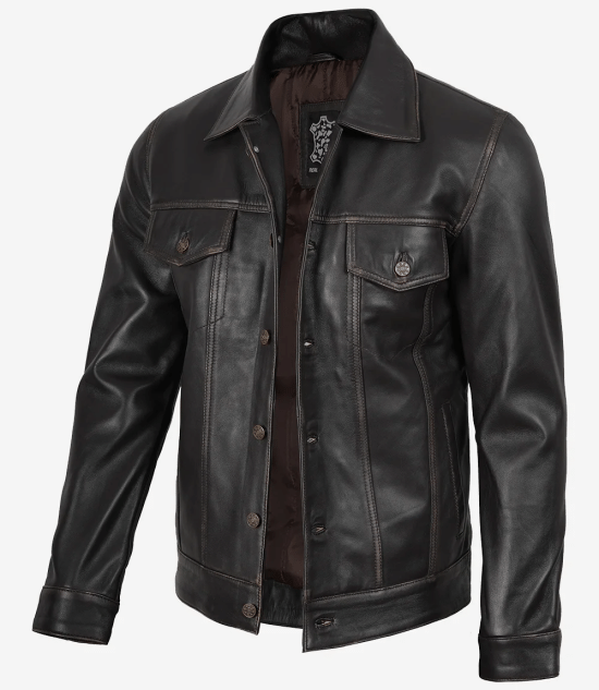 Men's Dark Brown Trucker Leather Jacket
