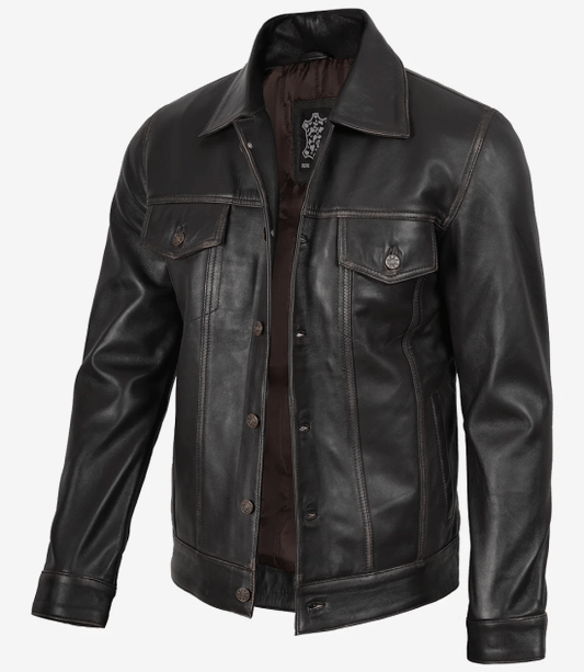 Men's Dark Brown Trucker Leather Jacket