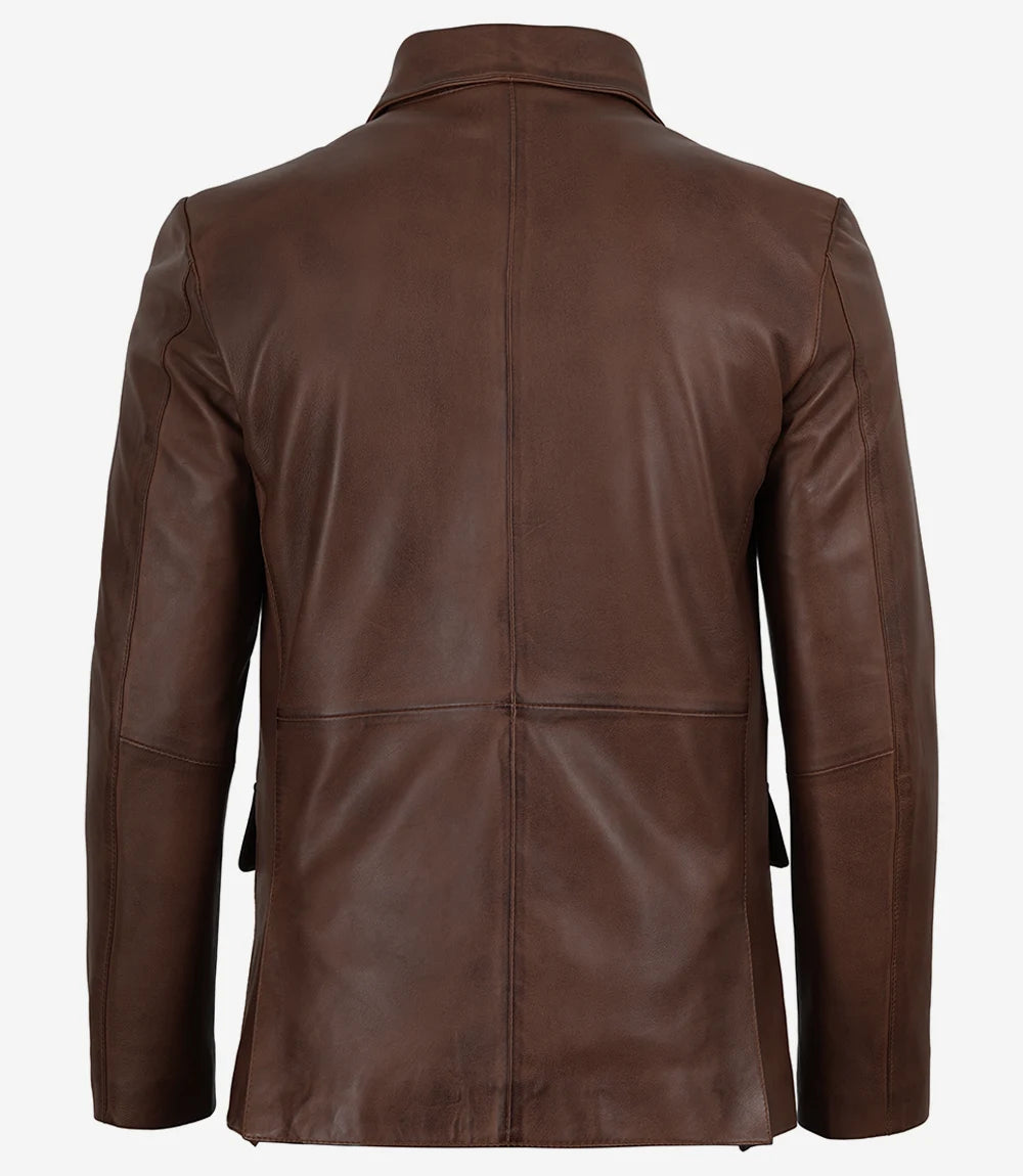 Arya Men's Cognac Three Button Leather Blazer