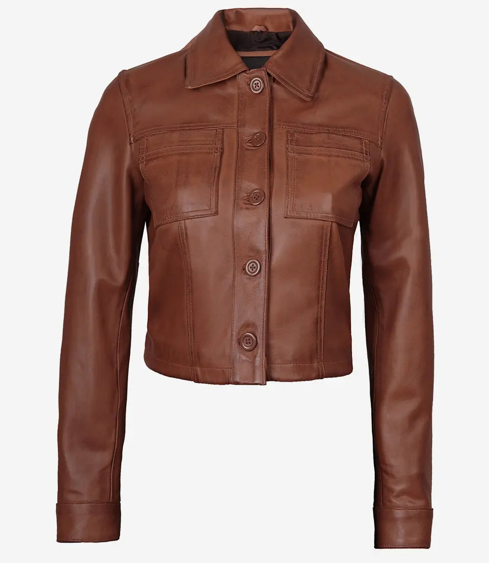 Women's Cognac Brown Cropped Leather Jacket — Shirt Collar, Buttoned Front