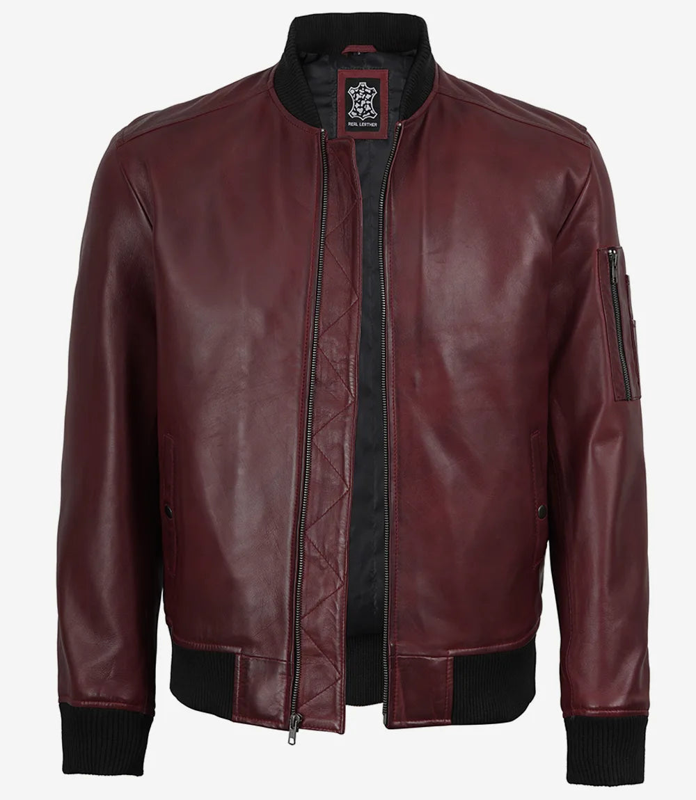 Men's Burgundy Lambskin Leather Flight Jacket - Bomber Style