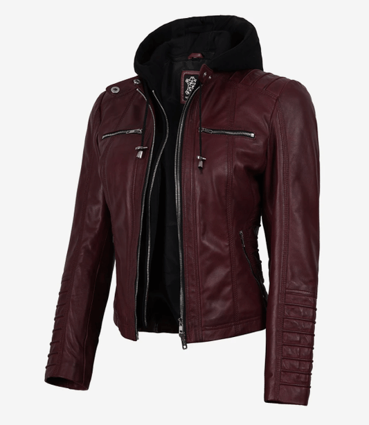 Burgundy Wax Real Leather Jacket - Removable Hood