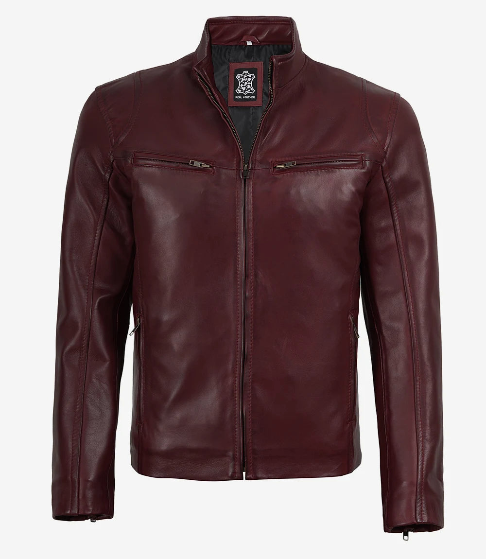 Men's Cafe Racer Burgundy Wax Leather Jacket - Moto Style