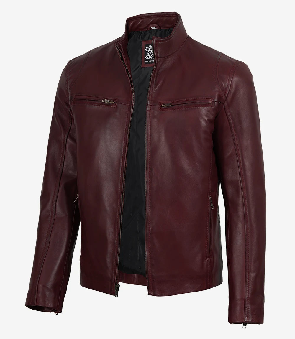 Men's Cafe Racer Burgundy Wax Leather Jacket - Moto Style