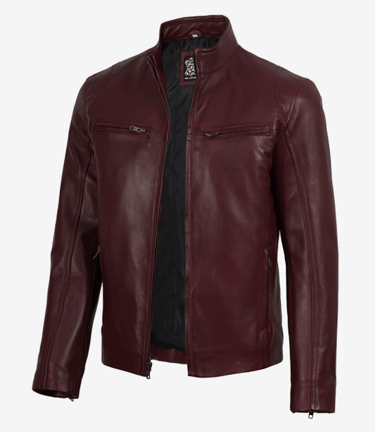 Men's Cafe Racer Burgundy Wax Leather Jacket - Moto Style