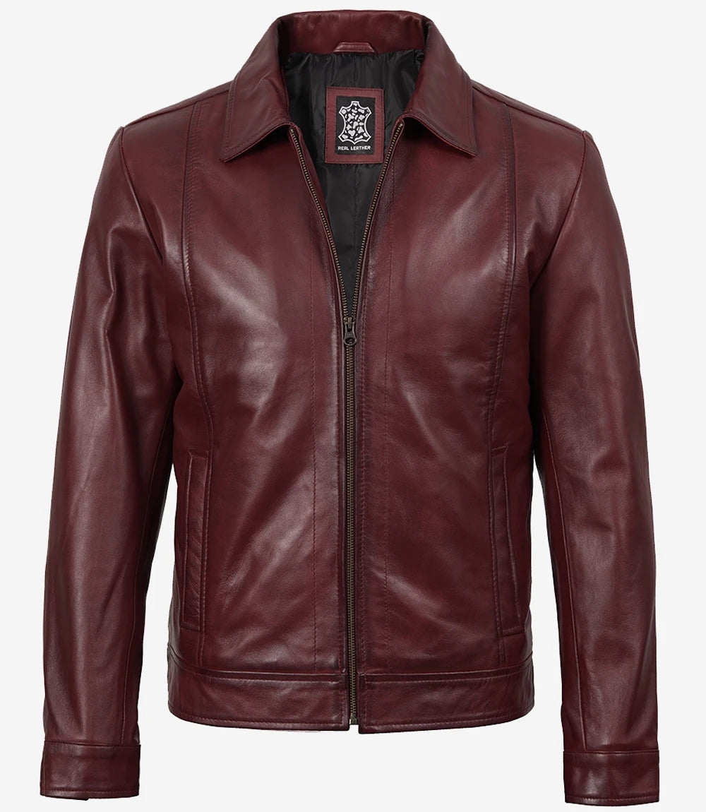 Arya Men's Burgundy Leather Harrington Jacket — Waxed