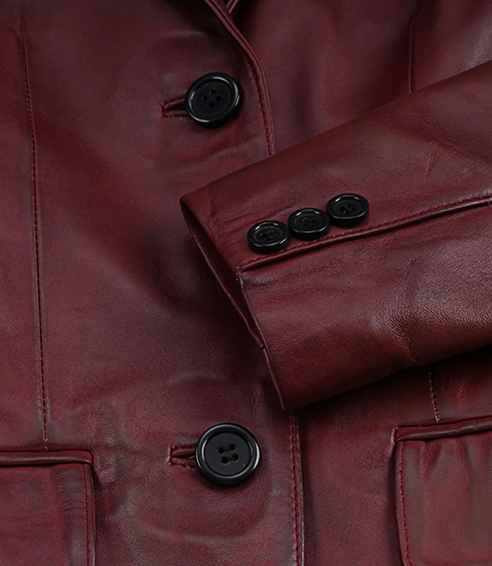 Women's Two Button Burgundy Wax Real Leather Blazer