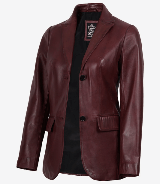 Women's Two Button Burgundy Wax Real Leather Blazer
